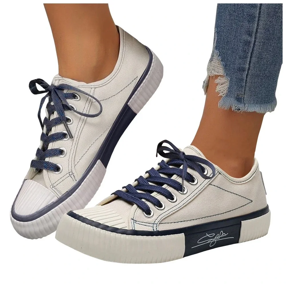 Women's Low Top Canvas Sneakers US 7 Beige Contrast Colors Lace-Up Shoes Ribbed